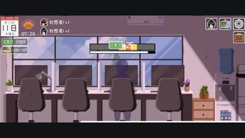 办公室桌椅与工作进度条，画面上方显示金钱增加