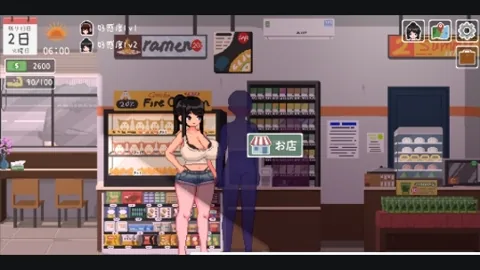 商店货架与人物，中央出现日文商店入口